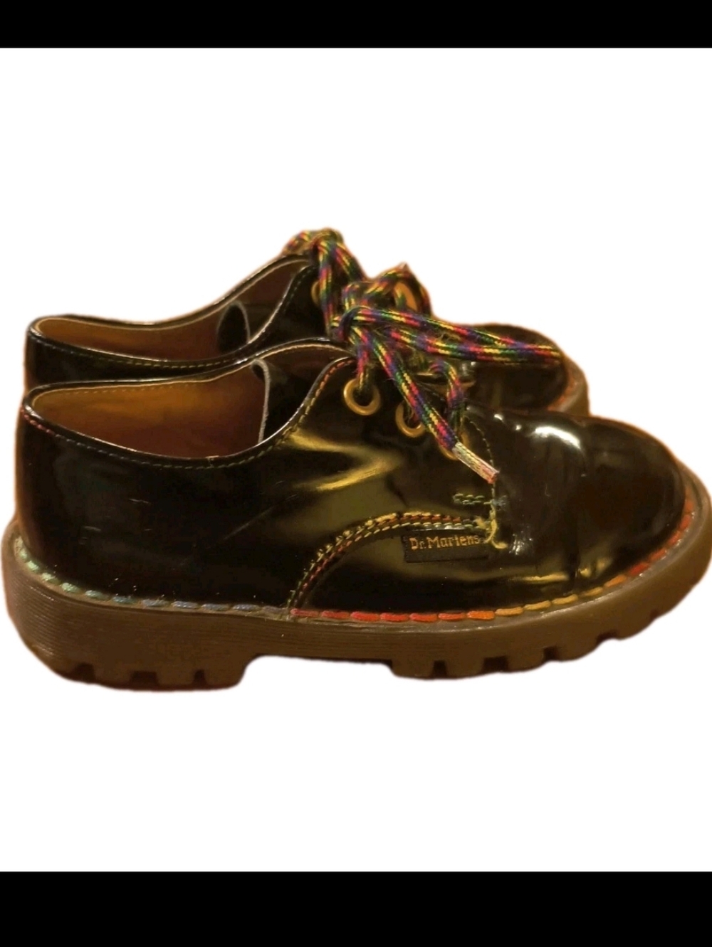Rare Vtg Doc Martens Kids 9 Made in England Black Patent Leather Rainbow Stitch